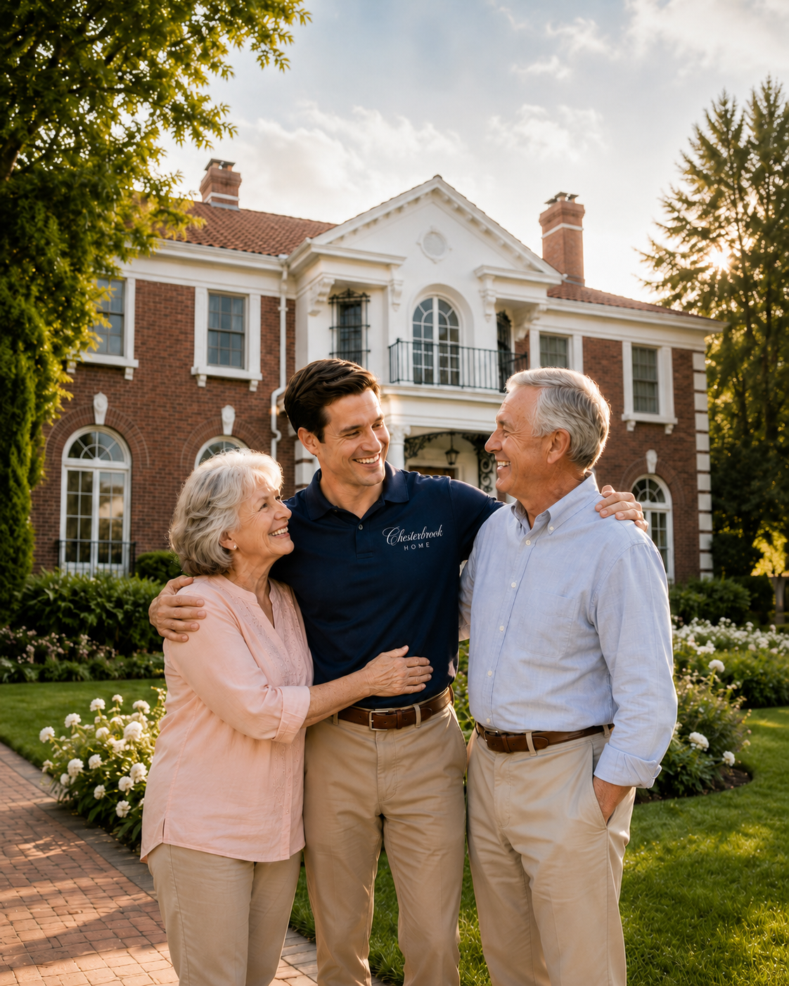 A Chesterbrook Home representative with an older couple in front of a classic brick home
